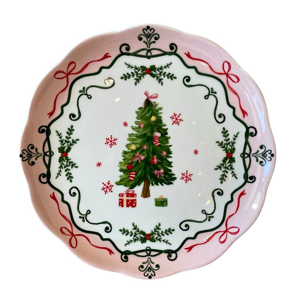 4 Potter's Studio CHRISTMAS TREE PINK Salad Plates 9in Ceramic Bows Holiday New
